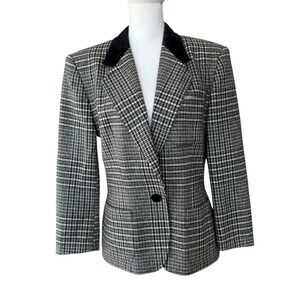 Escada by Margaretha Ley Vintage Houndstooth Wool Blazer Jacket Velvet Collar 40